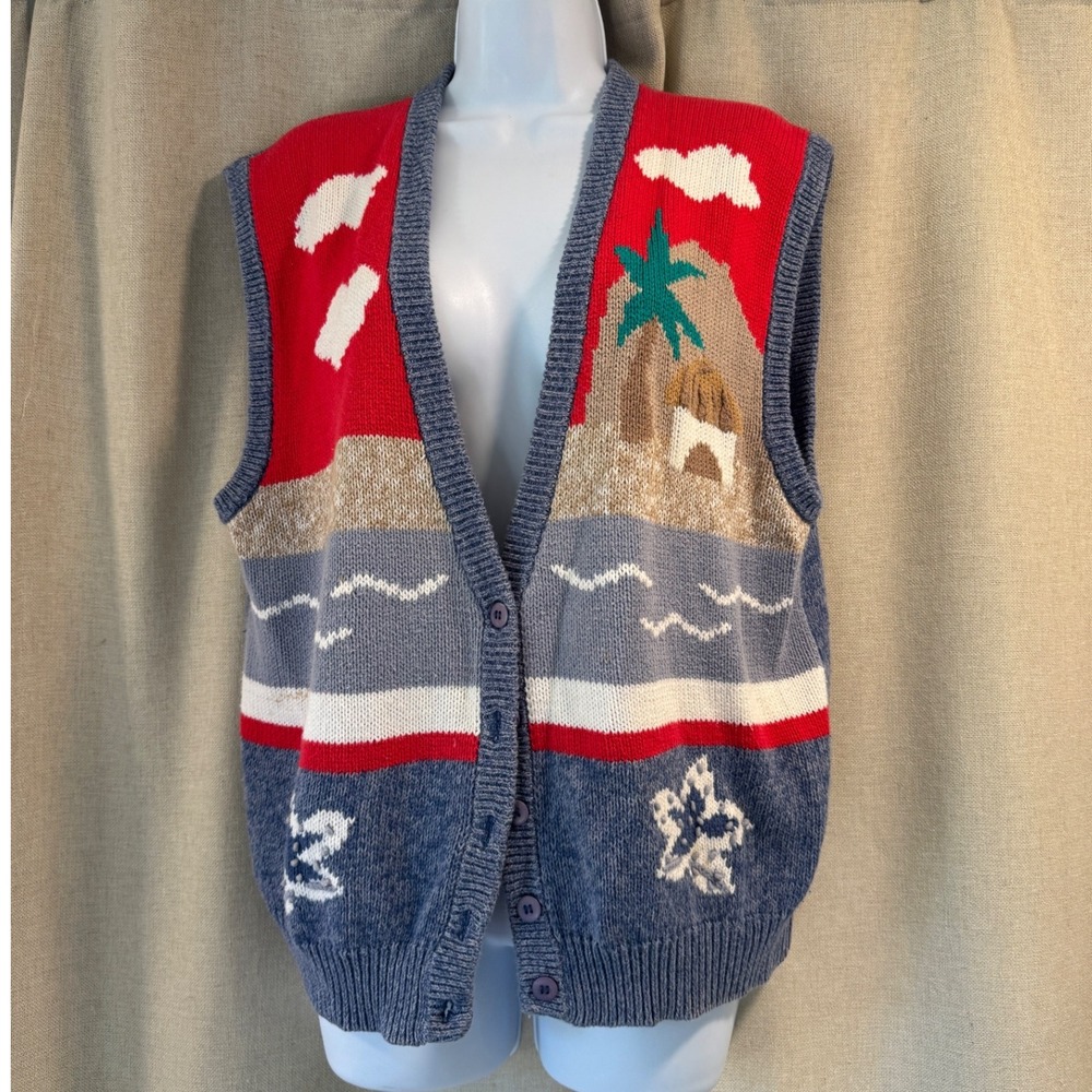 Vintage Koret Blue Beach Scene Knit Vest Sweater Button Up Size L